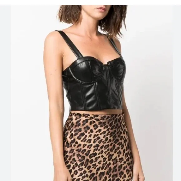 Alice + Olivia Jeanna Black Faux Leather Bustier Crop Top - Picture 2 of 9